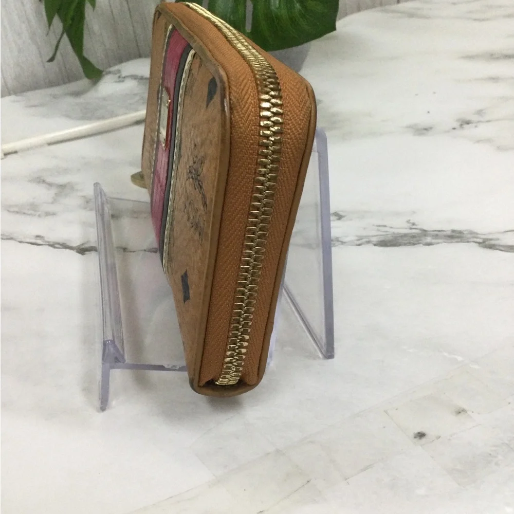 GUC MCM Leather Zip-Around Wallet in Cognac with Pink Stripe